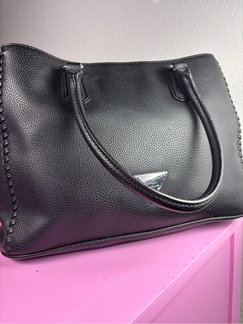 GUESS Black Pebbled Leather Tote with Silver Hardware - Picture 7 of 14